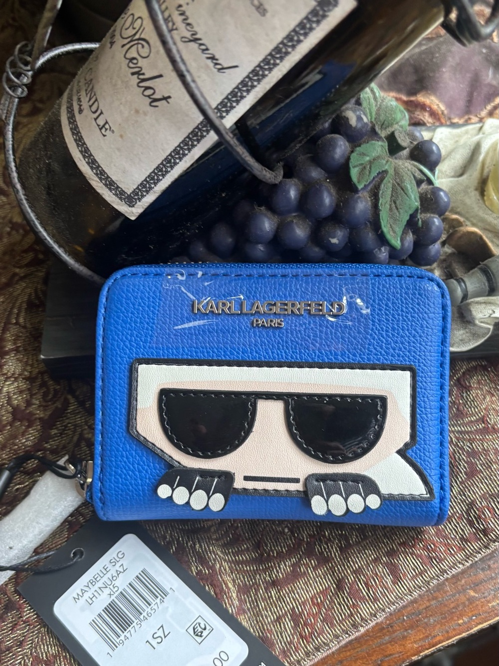Authentic Karl Lagerfeld leather Blue Zip Wallet with Sunglasses Appliqué